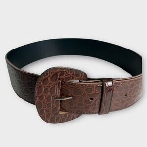 Vintage Womens 2" Wide Brown Alligator Faux Leather Belt M/L 29.5-33.5